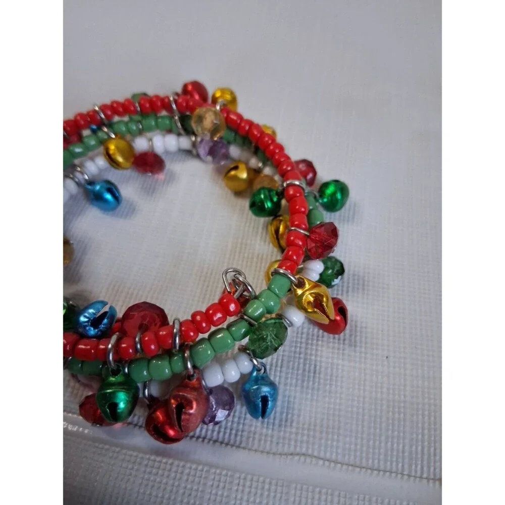 Christmas Jingle Bells and Multicolored Beads Memory Wire Statement Bracelet